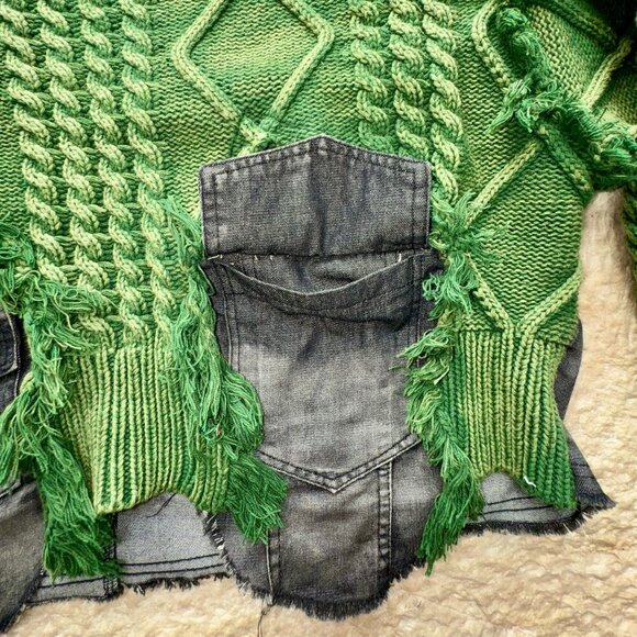 Upcycled Green Knit & Denim Destroyed Sweater – Statement Piece NWT - Picture 7 of 16